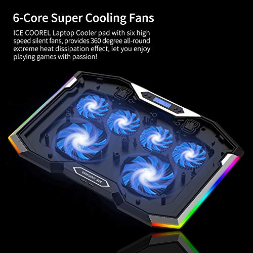 Gaming Laptop Cooling Pad 15-17.3 Inch, Laptop Fan with 6 RGB Cooling Fans, Laptop Cooling Stand with 6 Height Adjustable, Laptop Cooler with LCD Screen, 2 USB Ports, Phone Stand - size: 6 Fans