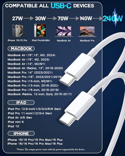 USB C to USB C, 240W USB C Cable, 2-Pack 10ft C to C Cable Fast Charging for MacBook Pro/MacBook Air, iPad Pro/iPad Air, iPhone 16 15 Pro Max Plus, Samsung Galaxy,Compatible 140W/100W/65W/45W/35W/20W - color: White, size: 10Foot