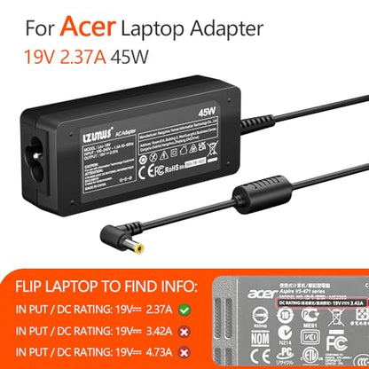 45W AC Adapter Charger 19V 2.37A 5.5x1.7mm for Acer Laptop Adaptor Aspire P255 v15 5750 1400 A045R021L for Aspire 3/5 Series Power Supply