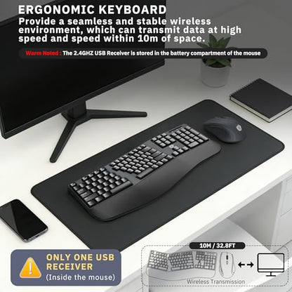 Ergonomic Wireless Keyboard and Mouse Combo, 2.4GHz USB Full Size Keyboard with Wrist Rest and 3 Level DPI Adjustable Wireless Mouse for PC and Laptop Use - Black - color: NK-905 Black