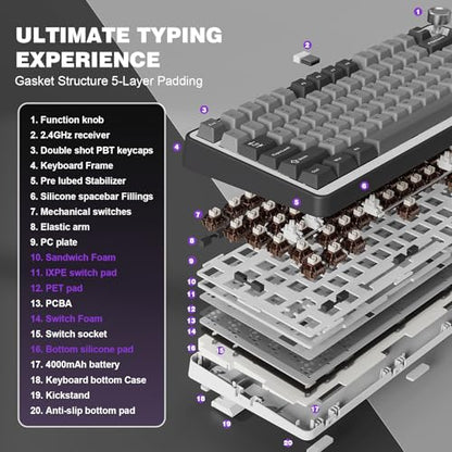 YUNZII B75 PRO Wireless Mechanical Gaming Keyboard | Custom 75% Layout with Knob,Gasket Mount,Hot Swap,Creamy Pre-lubed Switch,BT/USB-C/2.4G(Cocoa Cream V2 Switch,Dark Grey) - color: Dark Grey, size: Cocoa Cream V2 Switch