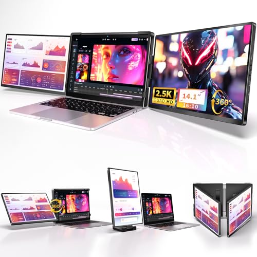 Laptop Screen Extender, 2.5K Triple Laptop Screen Extender Monitor, Plug-Play 360° Rotation Multiple Screens for Laptop Fits 13-17 Inch Compatible with macOS, Windows, Chrome, Dex，Black - color: black