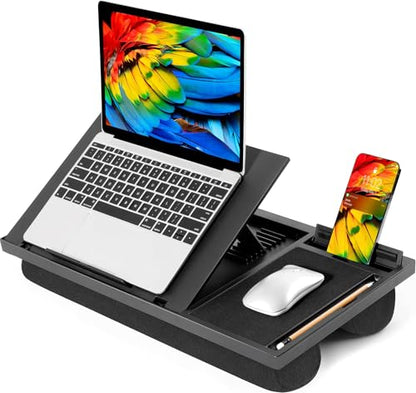 Laptop Lap Desk with 8 Angles – Up to 15.6" Laptop, Black | Built-in mouse pad, phone & pen slots, dual-cushion base, anti-slip design, raises the screen, for home office, bed, sofa - color: Black