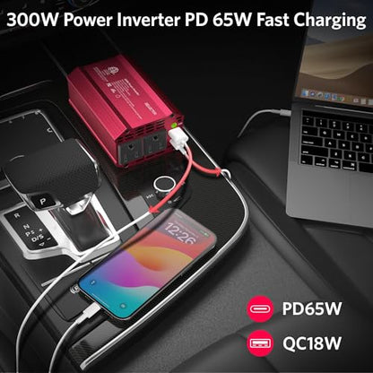 300W Power Inverter DC 12V to 110V AC Car Outlet Adapter with USB-C[PD65W] & USB-A[QC18W] Fast Charging Ports and Dual AC Outlets Car Power Inverter for Phone, Laptop on Road Trip (Red) (Red)