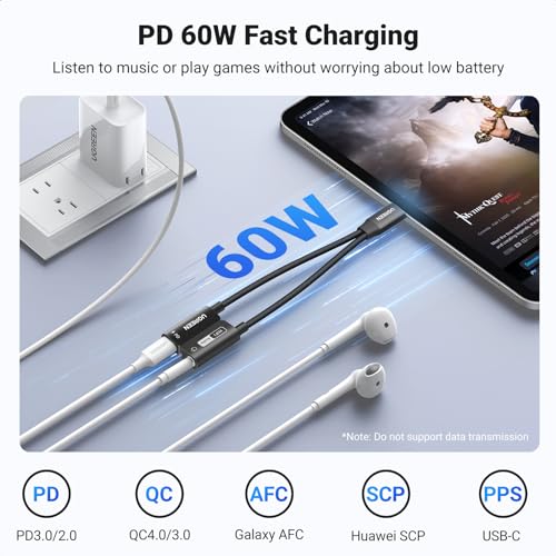 UGREEN Magnetic USB C to 3.5mm Audio Adapter and Charger 2 in 1 Hi-Res 32bit/384kHz Aux to USB C with PD 60W Fast Charging Dongle Cable for iPhone 17 Pro Max, Switch 2, Galaxy S26Ultra, iPad Pro
