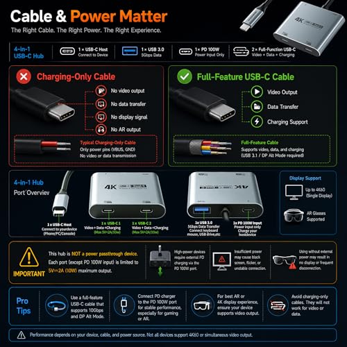 Guermok 4-in-1 Dual USB-C Display Hub, 4K@60Hz Video Output, PD 100W Input & USB 3.0 5Gbps, Compatible with AR Glasses, Switch 2, Laptops, Portable Monitors & Type-C Displays（Silver）