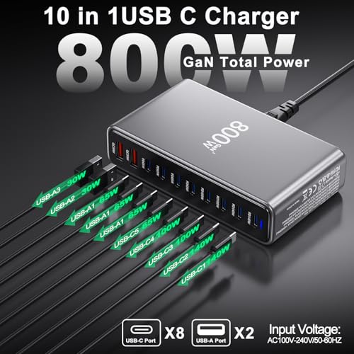 800W USB C Charger,GaN 10 Ports USB Charger,Multiple Plug Fast Charger Laptop Charger,PD Power Adapter Compatible with MacBook Pro/Air/Dell/iPhone/Galaxy/Laptop/Tablet/Mobile
