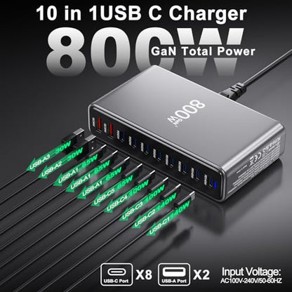 800W USB C Charger,GaN 10 Ports USB Charger,Multiple Plug Fast Charger Laptop Charger,PD Power Adapter Compatible with MacBook Pro/Air/Dell/iPhone/Galaxy/Laptop/Tablet/Mobile