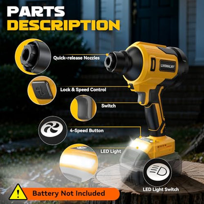 LIVOWALNY Upgraded Air Blower Compatible with Dewalt 20V Battery, 4-in-1 Compressed Air Duster, 480MPH, 120,000 RPM Brushless Motor, 4-Speed Leaf Blower for Car, Pc, Workshop (Tool Only,No Battery)