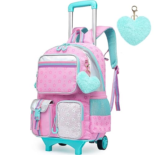 Meetbelify Backpack with Wheels for Girls Rolling Backpack Cute Carry on Backpack for Elementary Student - color: Pink