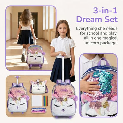 Kids Rolling Backpack for Girls, Champagne Sequins, 3PCS Set | Squinty Eyes, Trolley Suitcases Luggage Travel with Wheels,Bookbag Wheeled Toddler Back Pack Backpacks School Bags Elementary - color: Champagne-0121-miyan
