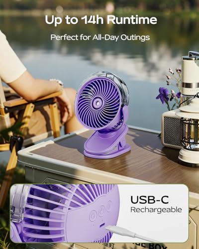 SWEETFULL Portable Misting Clip On Fan, USB-C Rechargeable Mini Personal Cooling Fan with 4 Speeds, 360° Rotatable, Quiet Cooling for Outdoor, Camping, Golf Cart, Travel, Stroller & Desk (Purple) - color: Light purple