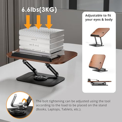 Book Stand for Reading, Adjustable Book Holder with 360° Rotating Bases, Foldable Designs, and Elastic Clips, Multifunctional Display Stand for Recipe, Cookbooks, Magazines, Tablets, Laptops - color: Dark Wood