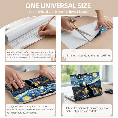 Universal Laptop Skin Sticker for 12/13/14/15.6 Inch Laptops, Reusable Vinyl Laptop Decal Protective Cover, Waterproof Scratch Resistant Notebook Skin with 2 Wrist Pads,Starry Night Black Cat - color: Starry Night Black Cat
