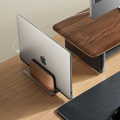 UPERGO Vertical Laptop Stand for Desk, Laptop Holder to Dock MacBook, MacBook Pro and Other Laptops, Black Walnut Wood | Solid Black Walnut Wood & Aluminum, Adjustable 0.79"–1.42", Scratch-Resistant Pads, Anti-Slip Base, Natural Wood Grain