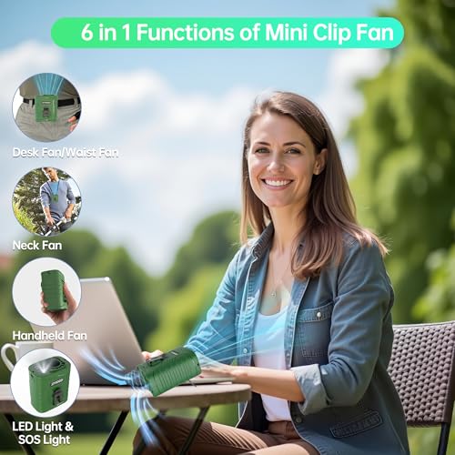 Waist Fan, 5000mAh Rechargeable Belt Clip Fan, 39ft/s Strong Airflow, 5 Speeds, Up to 29H Runtime, Wearable Hands-Free Cooling with LED SOS Light for Outdoor Camping Hiking - color: Army Green