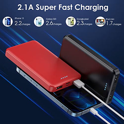 [2 Pack] Portable Charger Power Bank 10000mAh,Ultra Slim Compact External Battery Pack with USB C Input & Dual USB Outputs Backup Charger Compatible with iPhone 13,12, Samsung S20,Tablet-Black+Red - color: Black+Red, size: 10000mAh