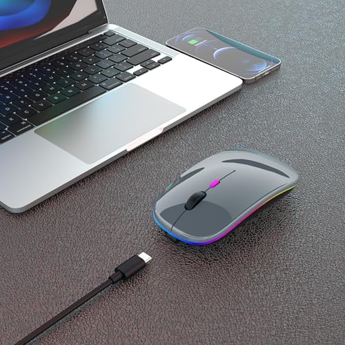 AIKOKOK Wireless Bluetooth Mouse, Rechargeable, Dual Mode Bluetooth 5.2 & 2.4G USB, LED Lights, Slim, Silent, Portable Computer Mouse for Laptop, PC, MacBook, iPad, Tablet (Grey) - color: Grey