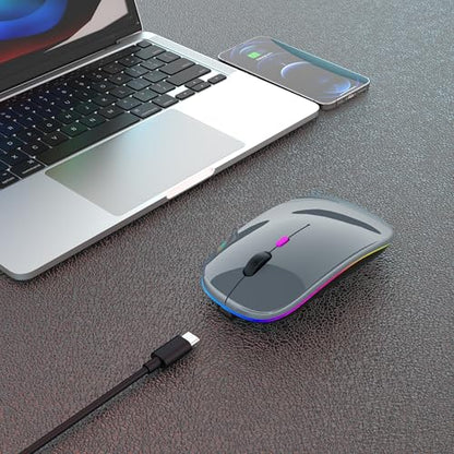 AIKOKOK Wireless Bluetooth Mouse, Rechargeable, Dual Mode Bluetooth 5.2 & 2.4G USB, LED Lights, Slim, Silent, Portable Computer Mouse for Laptop, PC, MacBook, iPad, Tablet (Grey) - color: Grey