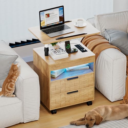 Lareth Rolling Nightstand with Wheels, LED Lights, Charging Station | Height Adjustable, Bedside Table 2 Drawers, Smart Wooden End Table Dorm Side Table Laptop Workstaion, Bedroom, Natural - color: A Natural