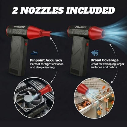 BULLSEYE Blaster 130000 RPM Electric Air Duster, Rechargeable Cordless Compressed Air Blower for Computer Cleaning, Keyboard, Electronics, Car Detailing, 3 Speed Turbo, 2 Nozzles – As Seen on TV
