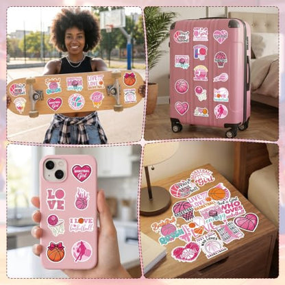 Pink Basketball Stickers for Women - 100 Pcs Cute Basketball Vinyl Sticker Decals, Sports Decals for Laptop Water Bottle Phone Case Notebook Skateboard Helmet Luggage Gift - style: Basketball
