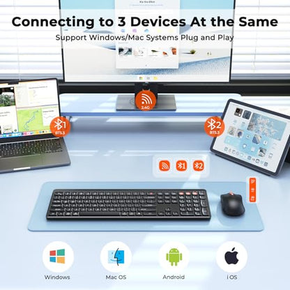 MEETION Bluetooth Keyboard and Mouse Combo, Silent Multi-Device, Black | Full-size keyboard with 2.4G & dual Bluetooth connection, 4-level DPI wireless mouse, compatible with Windows and Mac OS - color: Matte Black