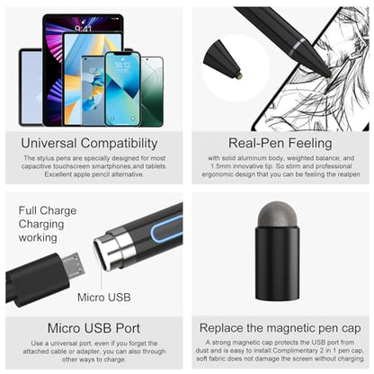 Compatible for iOS&Android Touch Screens Active Stylus Pen,Stylus Pens for Touch Screens,Rechargeable Stylus for i-Pad/Pro/Air/Mini/i-Phone/Cellphone/Samsung/Tablet Drawing&Writing (Black) - color: Black