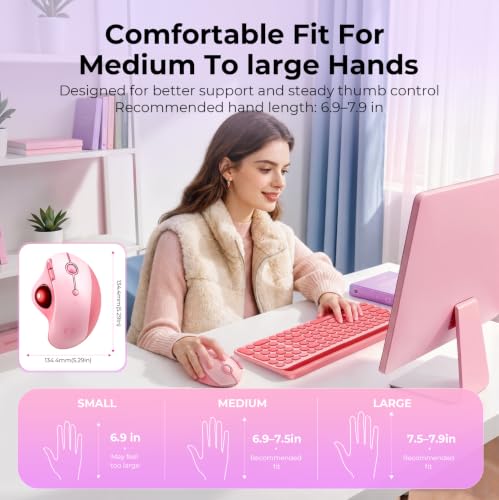 seenda Wireless Trackball Mouse, Ergonomic Bluetooth Rollerball Mouse,Pink | USB-C rechargeable, 3-device Bluetooth+2.4G USB, thumb control, 5-level DPI and space-saving comfort for laptop, PC and Mac. - color: Pink