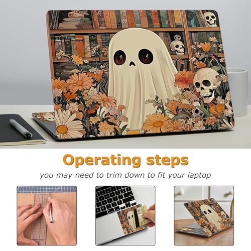 Universal Laptop Skin Sticker with 2 Wrist Pad Decals, 3-Piece Removable Vinyl Laptop Cover, Ghost Skull Florals Waterproof Anti-Scratch, Easy-Trim Fit for 13.3" 14" 15.6" Laptops - color: Ghost Skull Florals