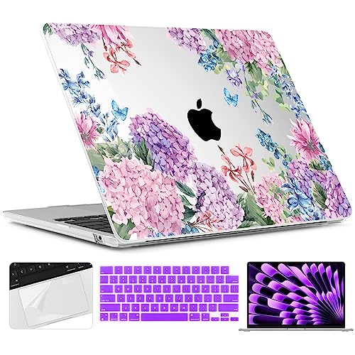 TWOLSKOO for MacBook Air 15 inch Case 2026 2025 2024 2023 Release M5 A3448 M4 A3241 M3 A3114 M2 A2941, Plastic Hard Shell & Screen Protector & Keyboard Cover & Trackpad Film, Colorful Hydrangea - color: Colorful Hydrangea