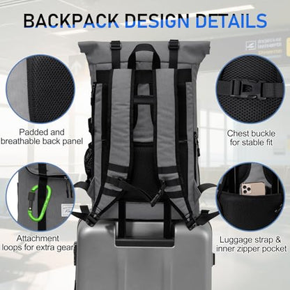 Kasqo Rolltop Backpack, Water-Resistant Backpack with Laptop Compartment for 15.6 Inch Computer Men Women 26L-33L Daypack - color: Light Grey