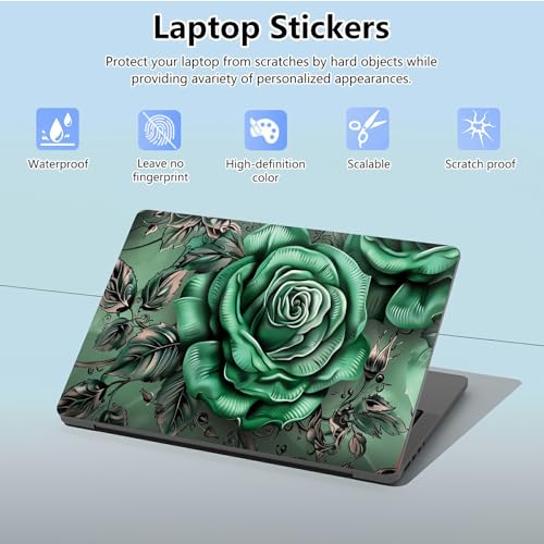 Universal Laptop Skin Sticker with 2 Wrist Pad Skins, Waterproof Scratch Resistant Vinyl Laptop Cover Decal, Cut to Fit for 11–15.6 Inch MacBook HP Dell Lenovo, Green Rose - color: Green Rose