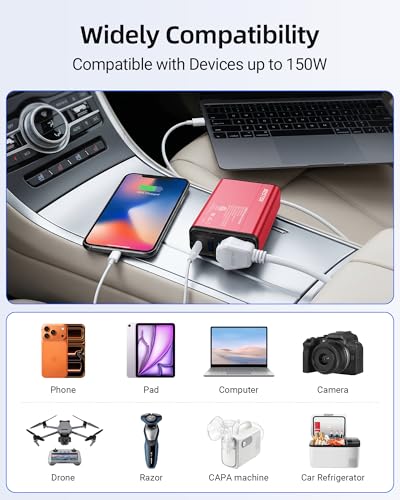 BESTEK 150W Power Inverter 11-17V, 30W USB-C, 18W USB-A Car Charger Adapter | 12V DC to 110V AC Converter, Vehicle Cigarette Lighter Plug Outlet, 10 Layer Protection, ETL Certified, Aluminum Housing-Gray - color: Red