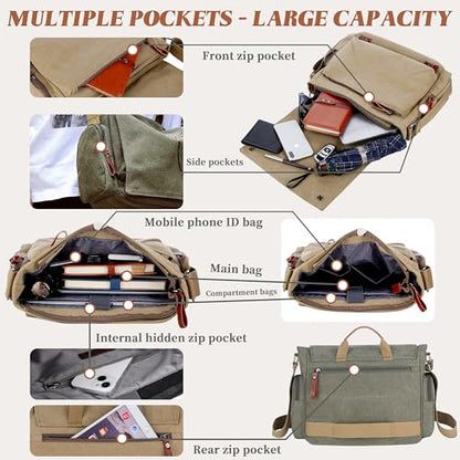 FSD.WG Satchel Messenger Bag for Men Canvas,Travel Shoulder bag 13.5" Laptop Bags - color: Green