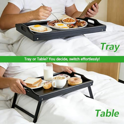 2 Pack Bed Tray Table Breakfast Trays Serving Tray Bamboo Bed Laptap with Floding Legs Handles and Phone Holders - style: 2 pack(Black)