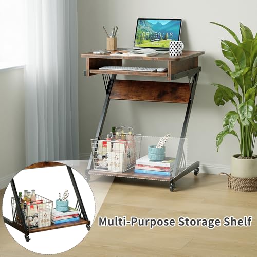 ALISENED Computer Desk for Small Spaces Compact Desk with Keyboard Tray | 23.6" Z-Shaped, with Wheels and Bottom Shelves, for Home Office, Computer Cart Mobile Laptop Cart, Rustic Brown - color: Brown