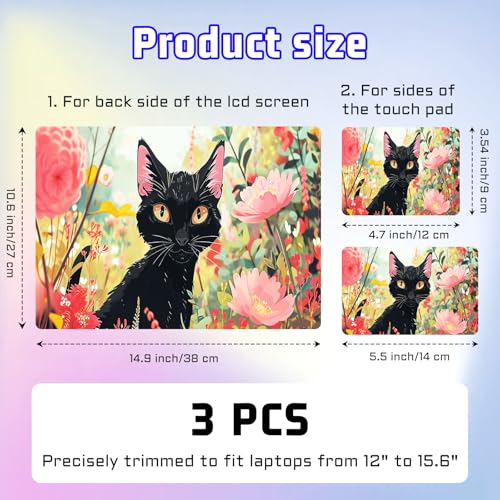 Universal Laptop Skin Sticker Decal, Compatible with MacBook HP Dell Lenovo 12"-15.6", Reusable Vinyl Notebook Cover 3PCS Set, High-Recognition Film-Black Cat Pink Flowers Cartoon - color: Black Cat Pink Flowers Cartoon