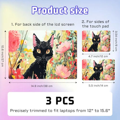Universal Laptop Skin Sticker Decal, Compatible with MacBook HP Dell Lenovo 12"-15.6", Reusable Vinyl Notebook Cover 3PCS Set, High-Recognition Film-Black Cat Pink Flowers Cartoon - color: Black Cat Pink Flowers Cartoon