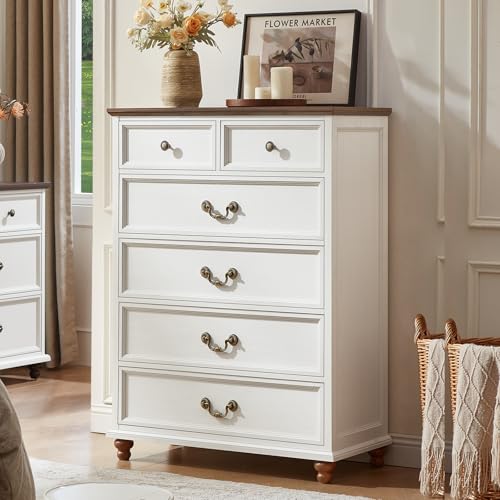 Joaxswe Farmhouse 6 Drawer Dresser for Bedroom, 42" Tall Rustic Chests of Drawers w/ 4 Solid Wood Feet, Mid Century Modern Wooden Closet Storage Dressers Organizer for Living Room, Hallway,White - color: White, size: 15.7"D x 31.5"W x 42.3"H (6 Drawers)