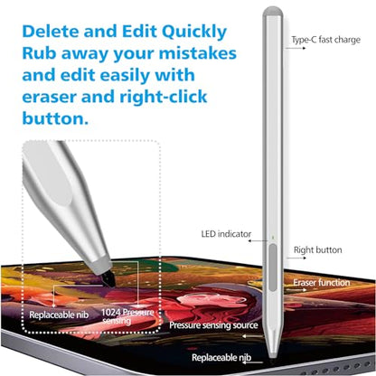 Stylus Pen for Microsoft Surface Pro12/11/10/9/8/X/7+/6/5/4/3, Surface Go 4/3/2/1, Surface Laptop1-5/Studio/Book 3/2/1 with Eraser Side Button,Palm Rejection,Tilt Function,1024 Pressure - color: Silver