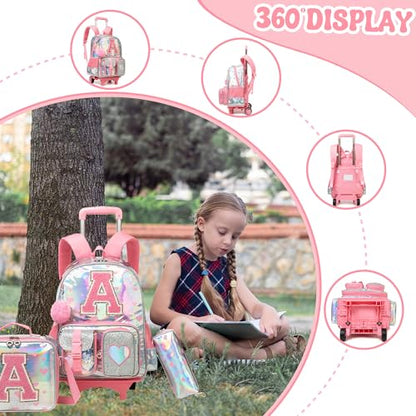 HTgroce Cute Rolling Backpack with Wheel,School Backpack for Kids Girl Roller Schoolbag Wheeled Backpacks Set Carry-on Luggage,Pink A - color: Pink, style: A