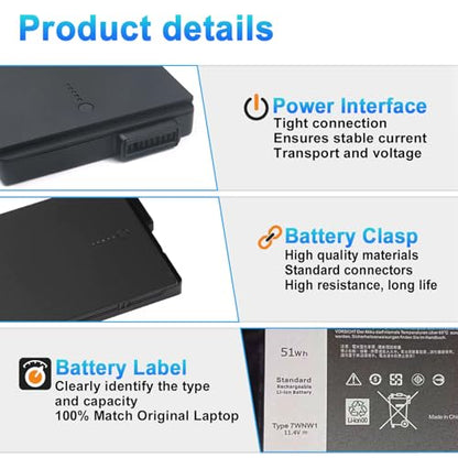51Wh 7WNW1 Laptop Battery Replacement for Dell Latitude 5420 5424 7424 Rugged Extreme P85G P85G001 P86G P86G001 P137G P137G001 P137G002 Series DMF8C GK3D3 6NNCF DP3KF DMF0C 451-BCHV 11.4V - size: 11.61*7.48*0.98inch 7WNW1