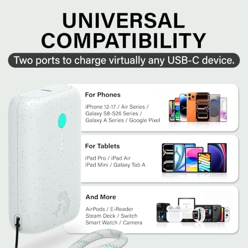 Nimble Champ Portable Charger, 10000mAh Power Bank, 20W Dual USB-C Charging | Compatible with iPhone, Samsung, Tablet, iPad, MacBook, Travel Essential Power Bank with 2ft USB C Cable Included - color: Luna White