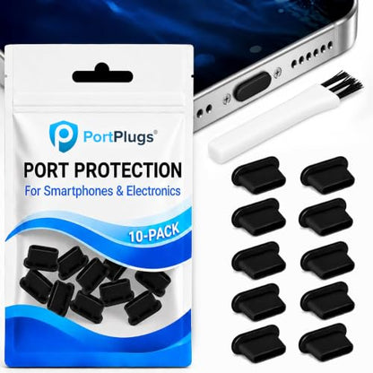 USB C Dust Plugs 10 Pack with Cleaning Brush, Charging Port Covers, Black | Helps block dust, lint and debris, helps support reliable charging, snug low profile fit, durable flexible construction - color: Black