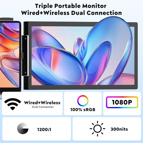 Wireless Triple Portable Monitor，Laptop Screen Extender 14", Wired Left Screen & Wireless Right Screen, 1080P FHD IPS Display Compatible with Mac M1 M2 M3 M4 Windows Android, Fits 14"-16" Laptops