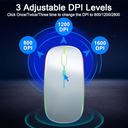 Wireless Bluetooth Mouse for iPad/MacBook Pro/Air/Laptop/pc Rechargeable Silent Mouse Portable Slim for Surface Pro/Lenovo/Samsung Tablet (LED/Silver) - color: LED / Silver