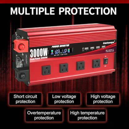 Cantonape 3000W Power Inverter 12V to 110V/120V DC to AC with LCD Display, Remote Controller 4 x AC Outlets and 4 x 3.1A USB Car Adapter for Car Truck Boat RV Solar System - size: 3000W-12V