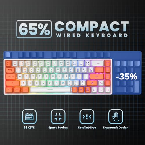 GEODMAER 65% Gaming Keyboard, LED Backlit Mini Wired Keyboard, Ultra-Compact Anti-Ghosting No-Conflict 68 Keys Membrane Gaming Wired Keyboard for PC Laptop Windows Gamer(White-Orange) - color: White-Orange