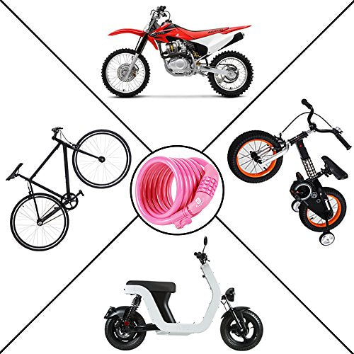 Etronic Bike Lock M6, Cable Lock 6 Feet Long Coiled Security Resettable Combo Combination Lock Bicycle Lock with Mounting Bracket - color: Pink